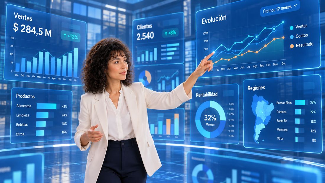 Responsable señalando tableros con indicadores de ventas, clientes, rentabilidad y regiones