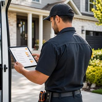 Técnico con una tablet junto a su camioneta de servicio